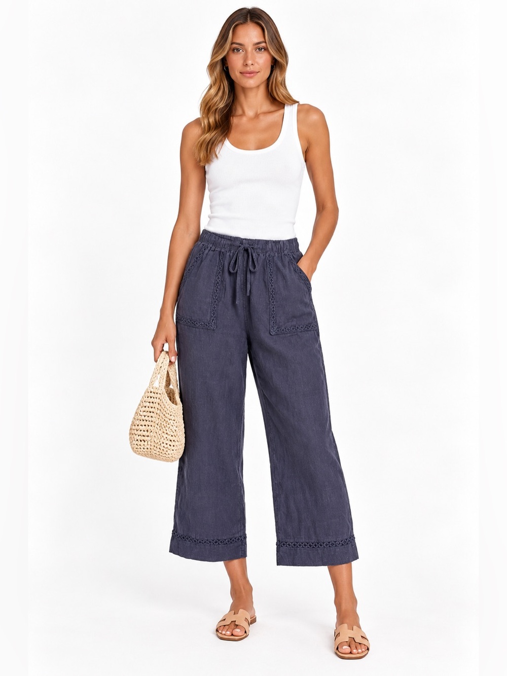 Joie 100% Linen Navy Wide Leg Crop Pants Drawstring Embroidered Size M